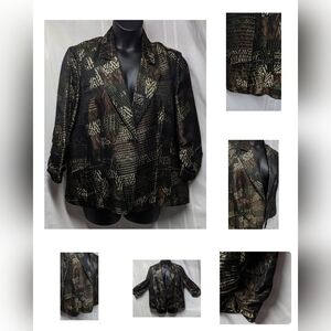 Chicos Size 3 black green tan brown rayon polyester button front blazer